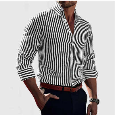 Ins Stripe Printed Long Sleeve Shirt Men Fashion Casual Lapel Button Top Clothing
