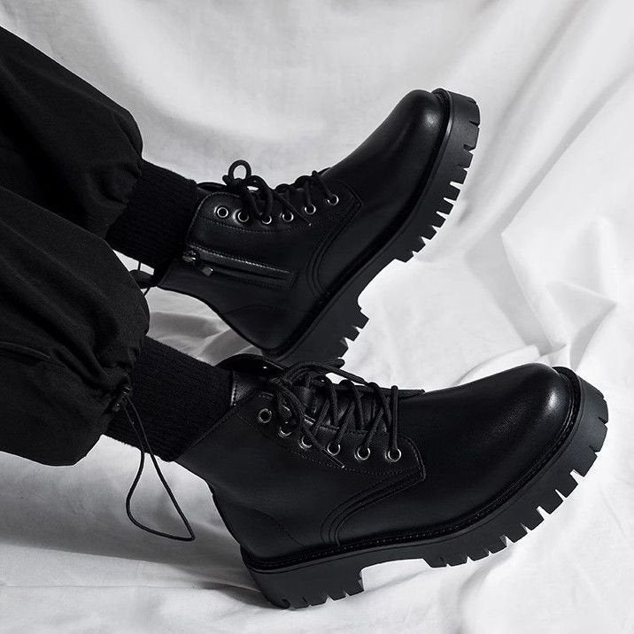 Men's High-top Side Zipper Leather Shoes Black Mid-Top Increased By Worker Boot