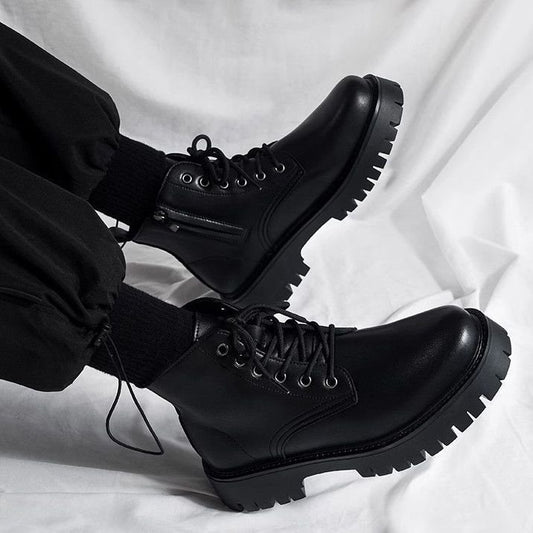 Men's High-top Side Zipper Leather Shoes Black Mid-Top Increased By Worker Boot