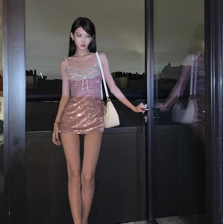 Light Luxury Heavy Industry Inner Sheath Sequin Sling Dress Autumn Women